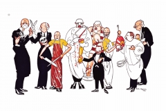 Caricatura dels professors de la Facultat de Medicina de València en 1922. El Dr. Navarro és el tercer per l’esquerra, amb davantal i esmolant un ganivet